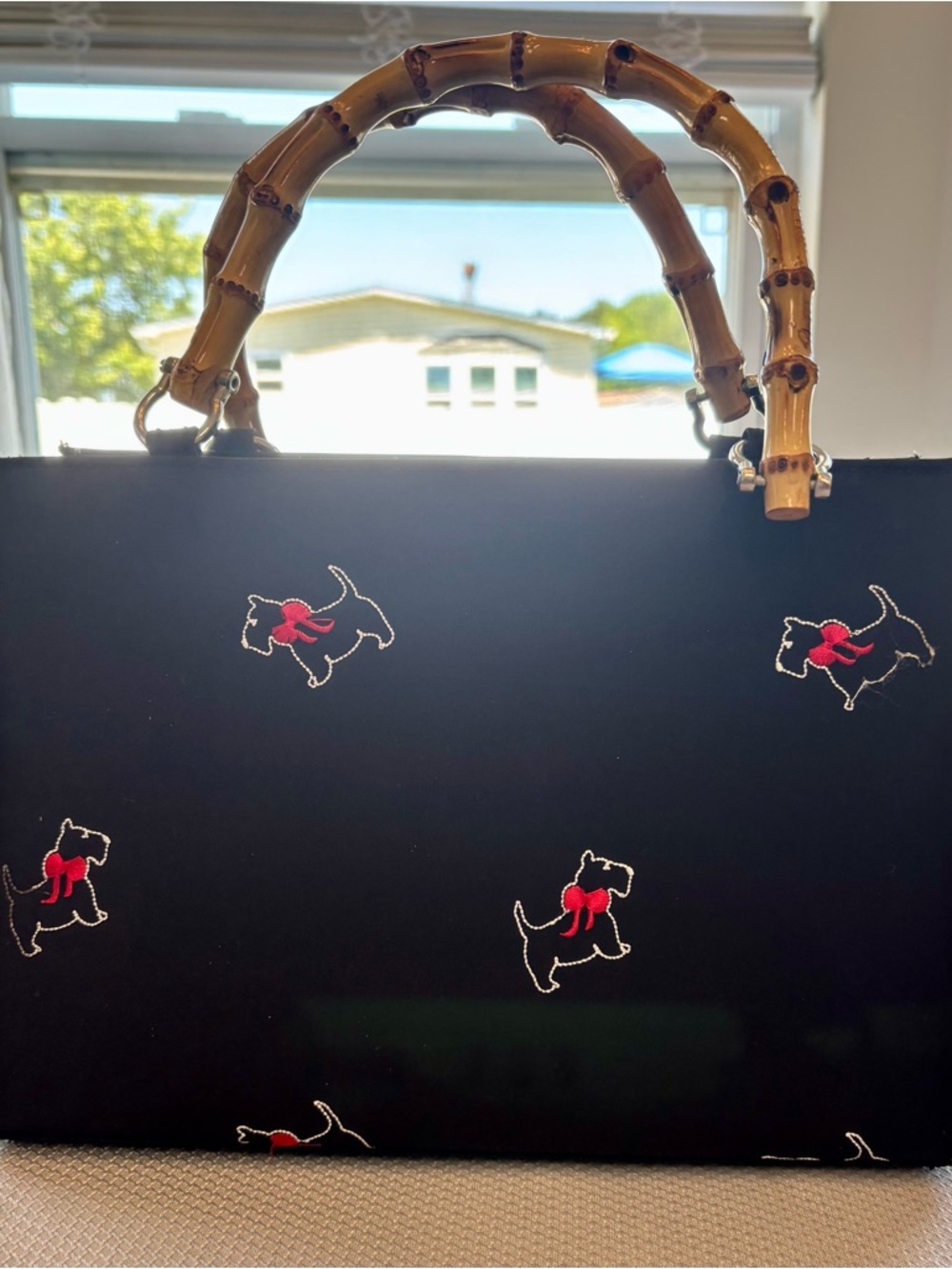 Black Tote with Embroidered Scottie Dogs and Bamboo Handles